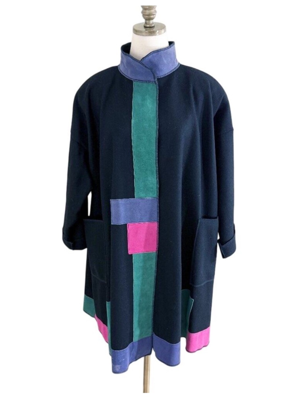 Osgood Smuk Black Multicolor Wool Oversized Coat with Suede Patches